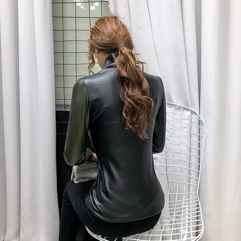 Women's PU leather long sleeve T-shirt, street clothes, color top, Harajuku, warm velvet, autumn and winter
Women's PU leather long sleeve T-shirt, street clothes, color top, Harajuku, warm velvet, autumn and winter