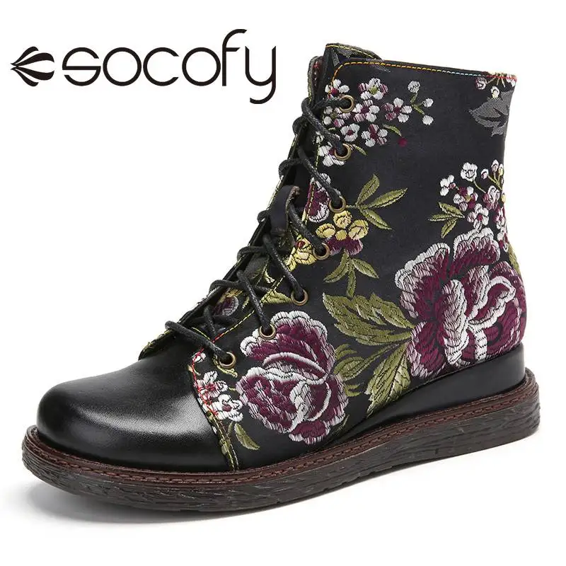 

SOCOFY Women Flower Print Boots Retro Style Genuine Leather Zipper Ankle Boots Block Heel Shoes Casual Soft Shoes Botas Mujer