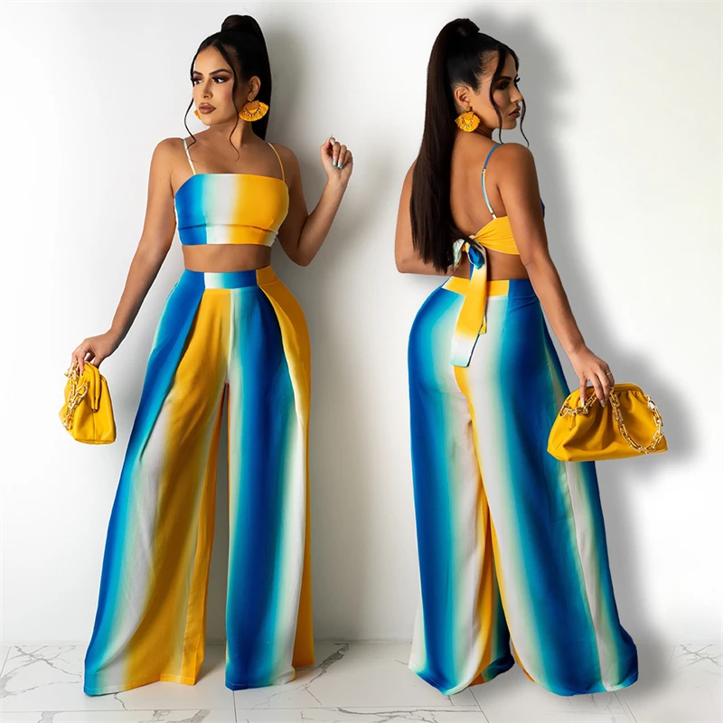 Women 2 piece Set Summer Boho Gradient Bandage Spaghetti Strap Crop Top Wide Leg Pants 2021 Sexy Beach Vacation Suit Large Size
Women 2 piece Set Summer Boho Gradient Bandage Spaghetti Strap Crop Top Wide Leg Pants 2021 Sexy Beach Vacation Suit Large Size