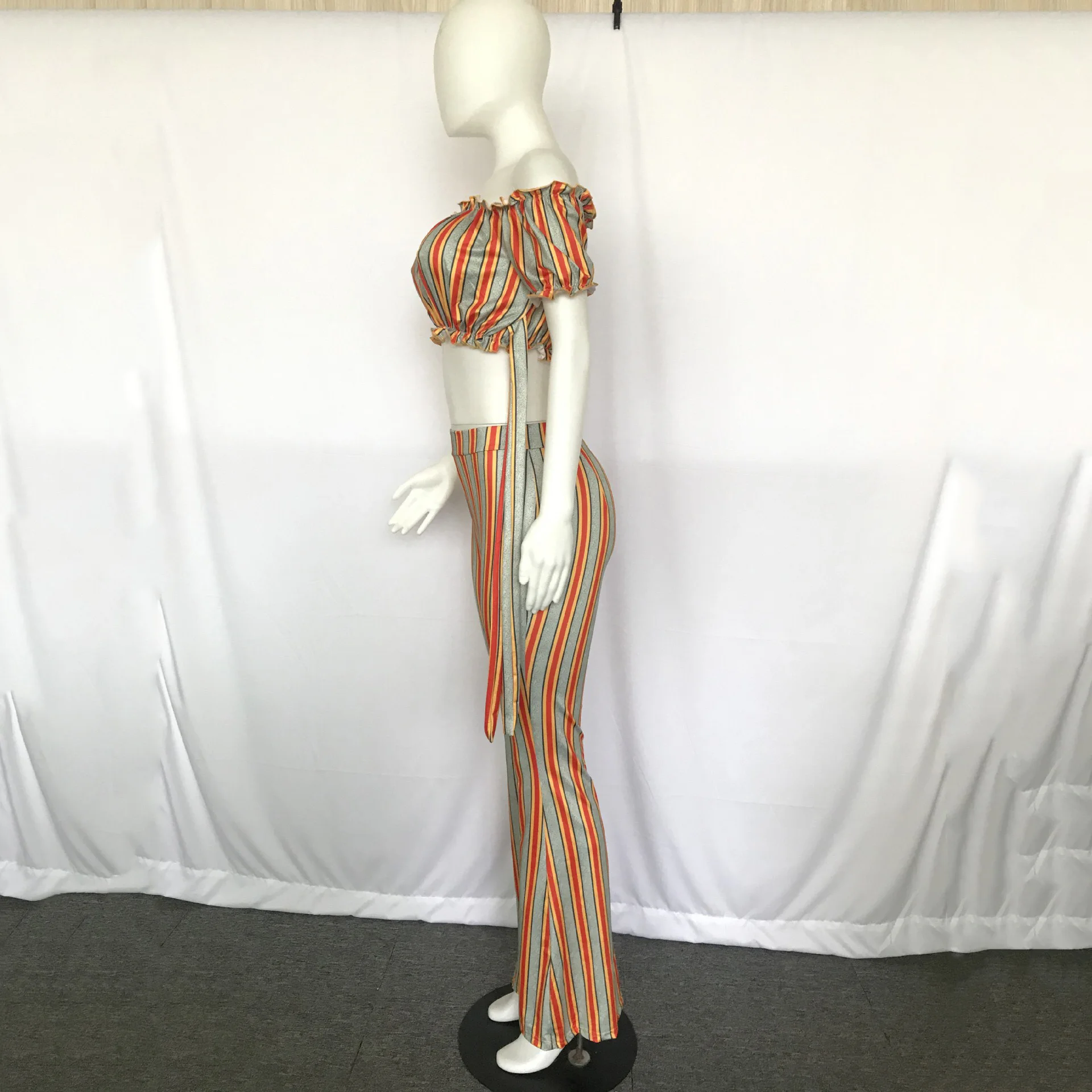 2020 Summer Women Two Piece Sets Short Tops Long Flare Pants Slash Neck Orange Striped High Waist Ladies Street Clothes Set | Женская