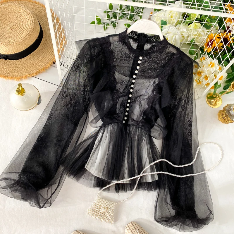 Chic Fashion Women Puffy Sleeve Mesh Patchwork Ruffled Top Single Breasted Buttons Sexy Mesh Top
Chic Fashion Women Puffy Sleeve Mesh Patchwork Ruffled Top Single Breasted Buttons Sexy Mesh Top