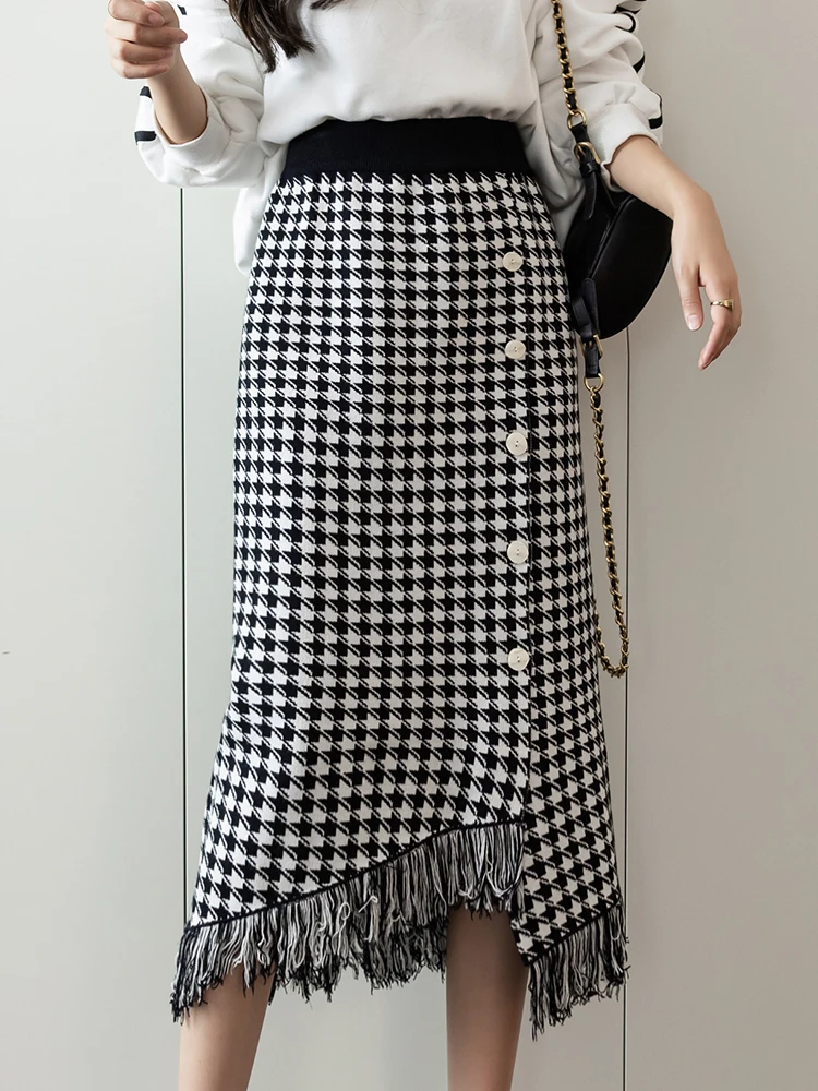 

Женская трикотажная Юбка-миди TIGENA, элегантная однобортная длинная юбка в Корейском стиле с бахромой и высокой талией, Осень-зима 2021