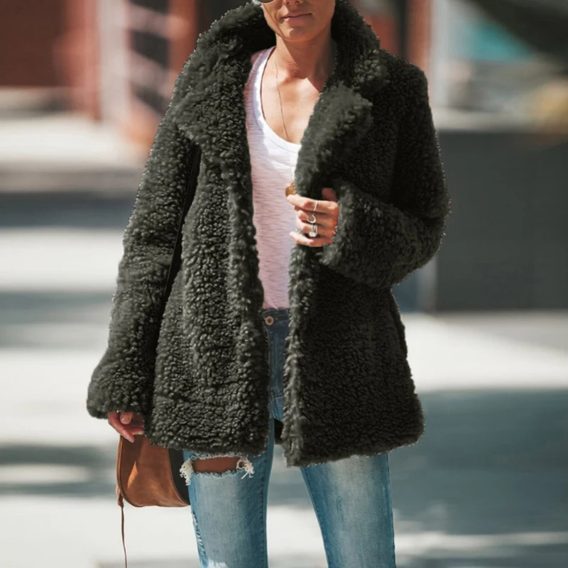 Фото Модное женское меховое пальто с лацканами на осень и зиму теплая пушистая (купить)