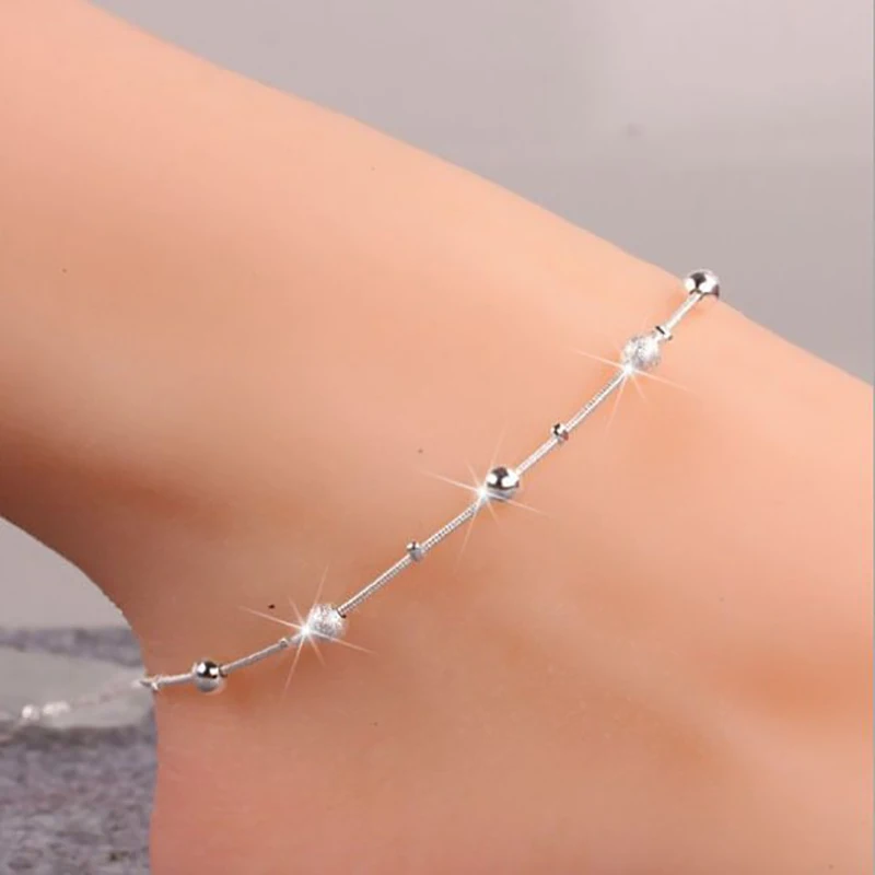 

High Quality Simple Snake Bone Chain 5 Bead Anklet S925 Sterling Silver Color Anklet For Women Gift Length 20cm + 5cm Gift