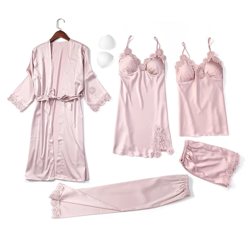 Flower Printed Women 5PCS Lace Nightwear V-Neck Pajamas Suit Homewear Spring Lady Sleepwear Robe Gown Lounge Negligee
Flower Printed Women 5PCS Lace Nightwear V-Neck Pajamas Suit Homewear Spring Lady Sleepwear Robe Gown Lounge Negligee