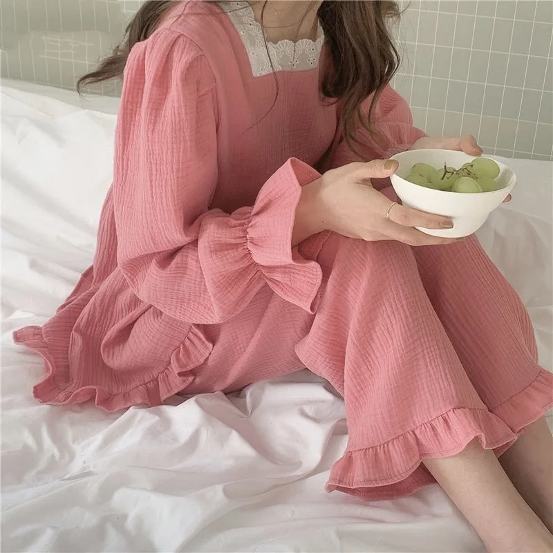Pajama Sets Women Korean Loose Casual Long Sleeve Sleepwear Ruffles Sweet Soft High Quality Womens Homewear Tender Solid Chic
Pajama Sets Women Korean Loose Casual Long Sleeve Sleepwear Ruffles Sweet Soft High Quality Womens Homewear Tender Solid Chic