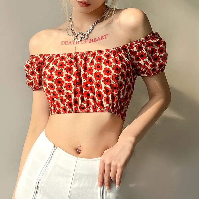 New T-Shirt Street Slim Printing Floral U-Neck Corset Plaid Sexy Navel Puff Sleeve Casual Crop Top Fashion Women Summer Tees
New T-Shirt Street Slim Printing Floral U-Neck Corset Plaid Sexy Navel Puff Sleeve Casual Crop Top Fashion Women Summer Tees