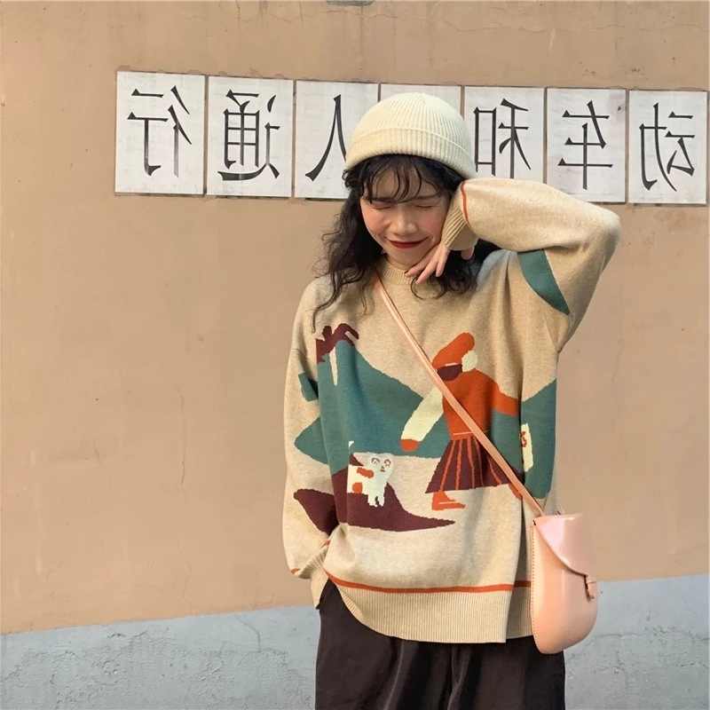 Preppy Style Soft Sweater Women Fall/winter 2020 New Lazy Loose Cartoon Sweater Retro Kint Sweater
Preppy Style Soft Sweater Women Fall/winter 2020 New Lazy Loose Cartoon Sweater Retro Kint Sweater