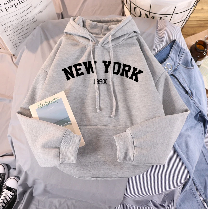 Sweatshirts Velvet Winter Women's NEW YORK Printing Hooded Female 2021 Cotton Thicken Warm Hoodies Lady Autumn Tops