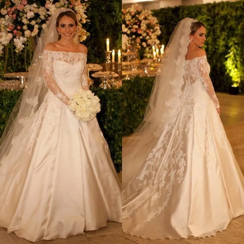 Fabulous Long Sleeve Off The Shoulder Wedding Dress robes de mariee Princess A Line Lace Beaded Satin Sweep Train Wedding Gowns
Fabulous Long Sleeve Off The Shoulder Wedding Dress robes de mariee Princess A Line Lace Beaded Satin Sweep Train Wedding Gowns