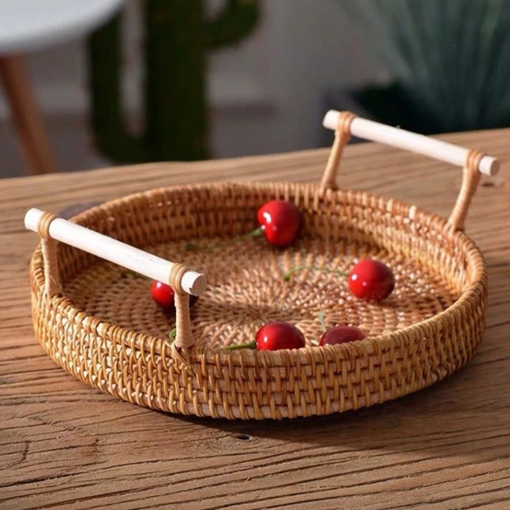 Food Storage Plate With Wooden Handles 22cm Rattan Handwoven Round Serving Tray Wicker Basket Wooden Tray For Fruit Breadbasket
Food Storage Plate With Wooden Handles 22cm Rattan Handwoven Round Serving Tray Wicker Basket Wooden Tray For Fruit Breadbasket
