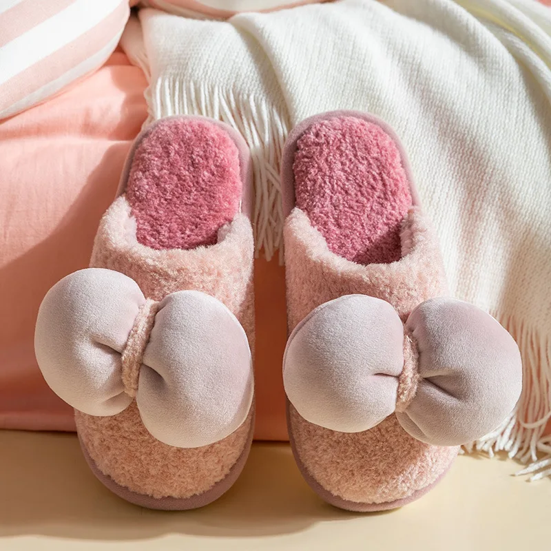 

Women Slippers Winter Warm Flip Flops Butterfly-Knot Plush Bedroom Indoor Non-Slip Shoes Home Floor Slides Flat Casual Silent