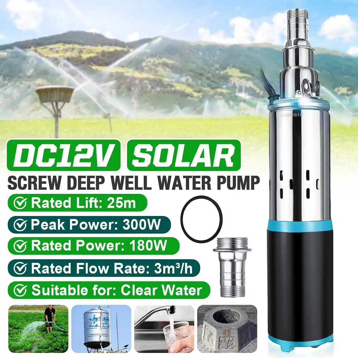 180W 12V/24V High Lift 25m Solar Water Pump Deep Well Pump DC Screw Submersible Pump for Garden Home Agricultural Irrigation
180W 12V/24V High Lift 25m Solar Water Pump Deep Well Pump DC Screw Submersible Pump for Garden Home Agricultural Irrigation
