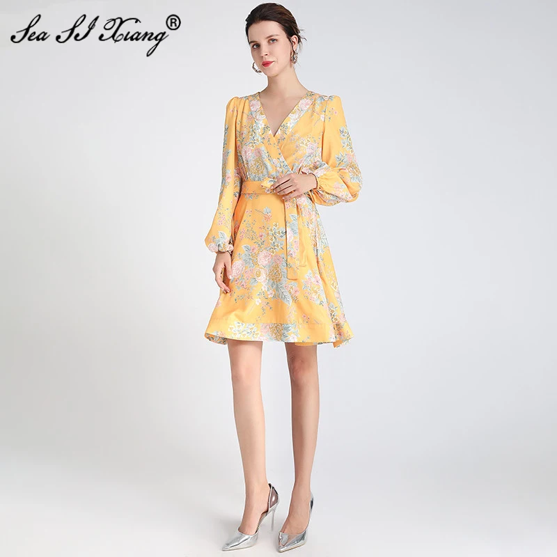 Seasixiang Fashion Designer dress Spring Autumn Women's Dress V Neck Lantern Sleeve Floral Print lace-up Dresses
Seasixiang Fashion Designer dress Spring Autumn Women's Dress V Neck Lantern Sleeve Floral Print lace-up Dresses