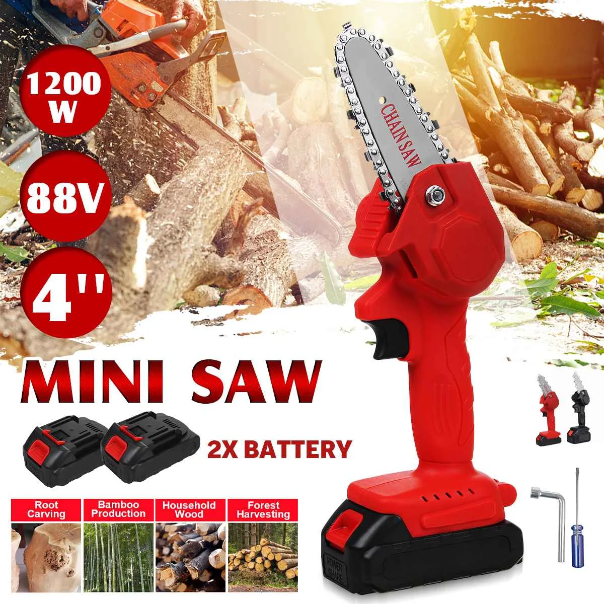 88V 1200W Mini Pruning Saw Rechargeable Electric Chain Saw One-Handed Garden Tool For Tree Garden Trimming With Lithium Battery
88V 1200W Mini Pruning Saw Rechargeable Electric Chain Saw One-Handed Garden Tool For Tree Garden Trimming With Lithium Battery