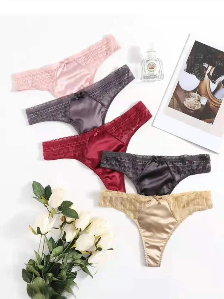 

5Pack Contrast Satin Lace Thong Set Near Me Lingerie Women's Mixed Panty