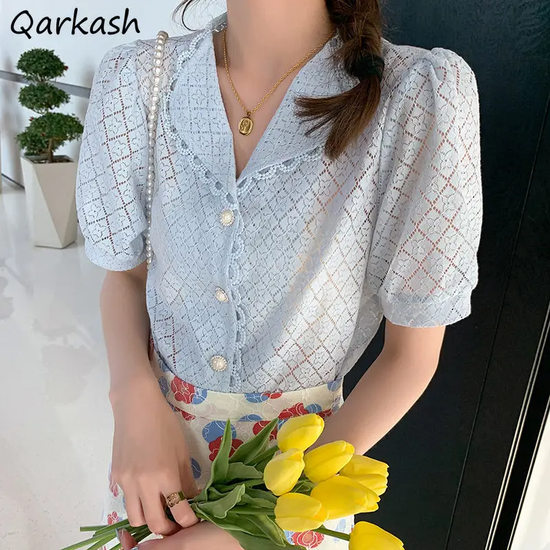 Plus Size Shirts Women French Sweet Elegant Female Lace Summer Fashion Short Puff Sleeve Turn-down Collar Office Lady Slim Thin
Plus Size Shirts Women French Sweet Elegant Female Lace Summer Fashion Short Puff Sleeve Turn-down Collar Office Lady Slim Thin