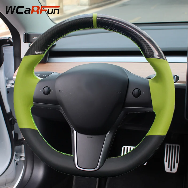 Чехол рулевого колеса автомобиля WCaRFun для Tesla, из углеродного волокна, зеленая, кожаная, 2017, 2018, 2019, автомобильные аксессуары
Чехол рулевого колеса автомобиля WCaRFun для Tesla, из углеродного волокна, зеленая, кожаная, 2017, 2018, 2019, автомобильные аксессуары