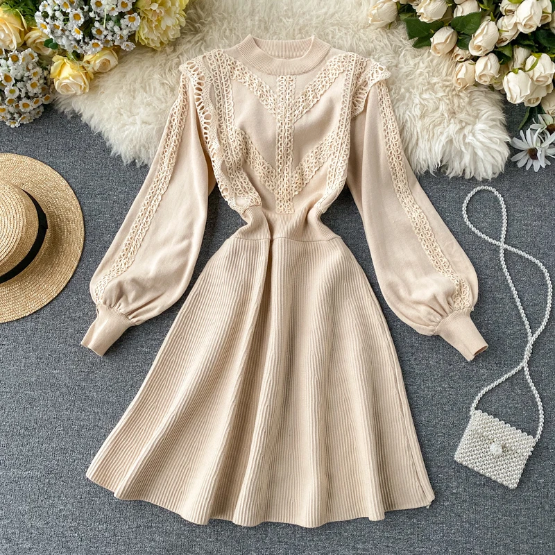 Women Knitted Sweater Dress Women Autumn Winter Lace Decorated Puffy Sleeve Patchwork Stretch Knitted Dress
Women Knitted Sweater Dress Women Autumn Winter Lace Decorated Puffy Sleeve Patchwork Stretch Knitted Dress