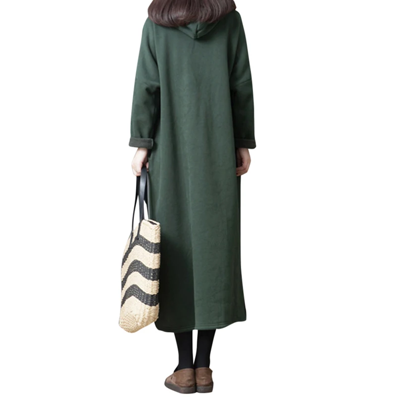 Женское длинное флисовое платье с капюшоном зеленое/кофейное однотонное
