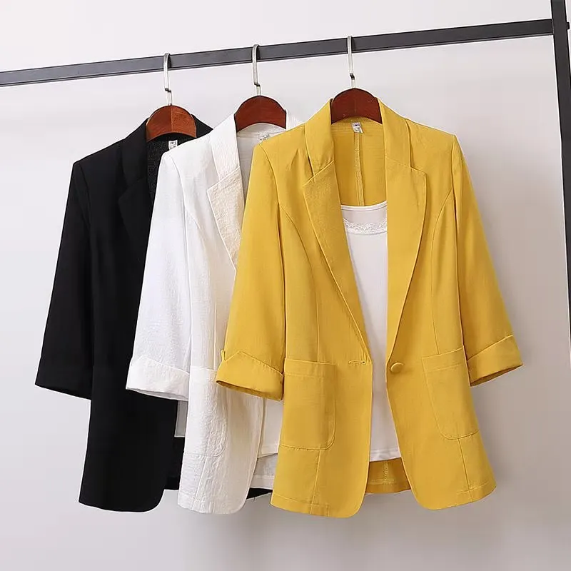 Fashion Women's Jacket Solid Color Yellow Black Cotton Fabric Thin Loose Coat New Spring Summer Jackets 2022 OL Women's Suit
Fashion Women's Jacket Solid Color Yellow Black Cotton Fabric Thin Loose Coat New Spring Summer Jackets 2022 OL Women's Suit
