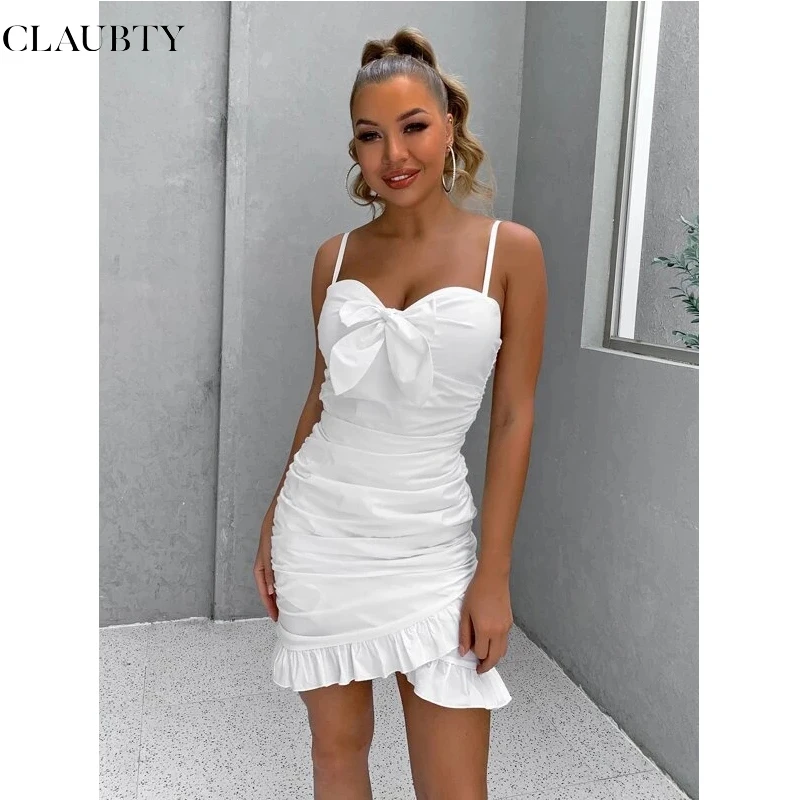 Bowknot Flounce Shirring Ruched Mini Dress Women Spaghetti Straps Defined Waist Backless Strapless String White Sexy Female Slim
Bowknot Flounce Shirring Ruched Mini Dress Women Spaghetti Straps Defined Waist Backless Strapless String White Sexy Female Slim