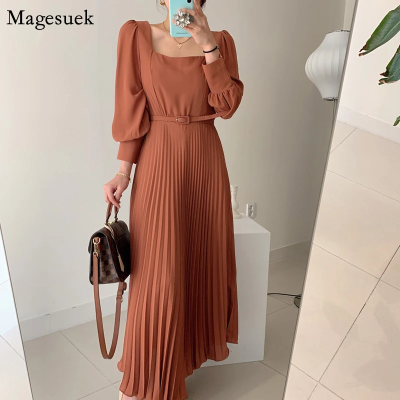 Korean Style High Waist Spring Long Dress Women Elegant Square Collar Pleated Chiffon Dress Casual Dresses Robes with Belt 12801
Korean Style High Waist Spring Long Dress Women Elegant Square Collar Pleated Chiffon Dress Casual Dresses Robes with Belt 12801