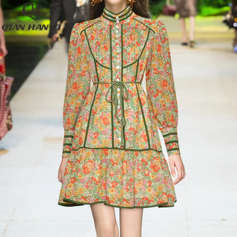 Qian Han Zi designer fashion runway dress Lantern sleeve amazing Flower print loose belt Slim Cotton dress Women Spring /Summer 
Qian Han Zi designer fashion runway dress Lantern sleeve amazing Flower print loose belt Slim Cotton dress Women Spring /Summer