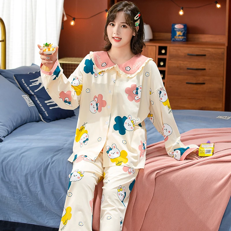 Фото Пижамный комплект Женский хлопковый свободного покроя с длинным рукавом размеры