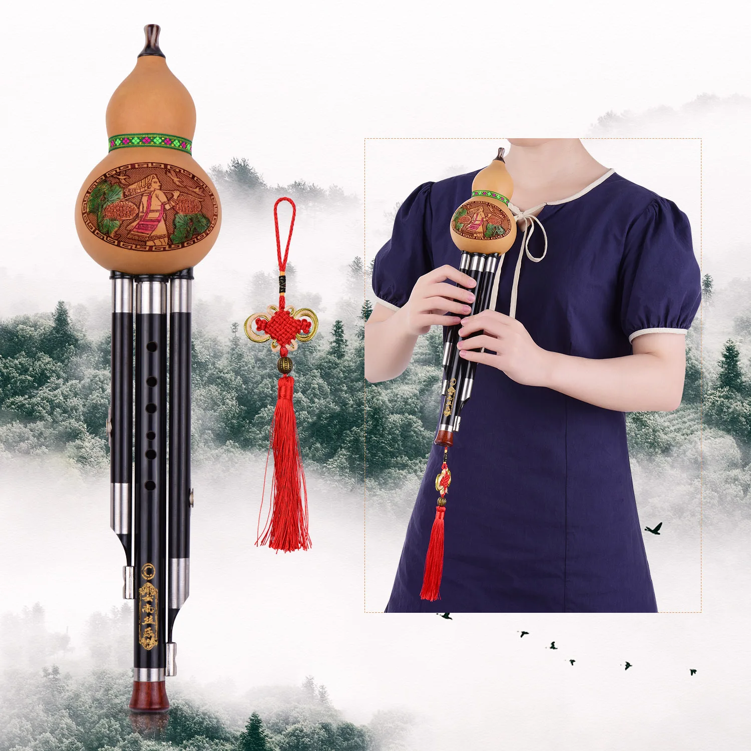 

3 Tone C-Key Hulusi Gourd Cucurbit Flute Ebony Pipes Chinese Traditional Instrument with Chinese Knot Carry Case for Beginners