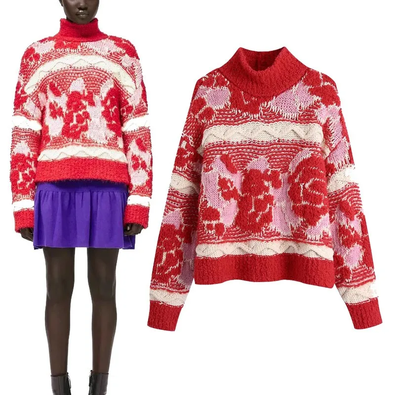 2021 Winter High Collar Knit Sweater Women Vintage Warm Red Long Sleeve Knitted Pullovers Female Loose Soft Jacquard Sweaters
2021 Winter High Collar Knit Sweater Women Vintage Warm Red Long Sleeve Knitted Pullovers Female Loose Soft Jacquard Sweaters