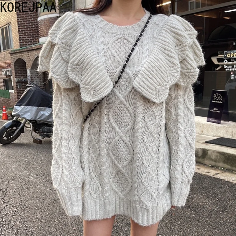 Korejpaa Casual Ruffled Sweaters Women Korea All Matching O-neck Long Sleeve Pullover Female Autumn Winter Knitted Tops Gentle
Korejpaa Casual Ruffled Sweaters Women Korea All Matching O-neck Long Sleeve Pullover Female Autumn Winter Knitted Tops Gentle