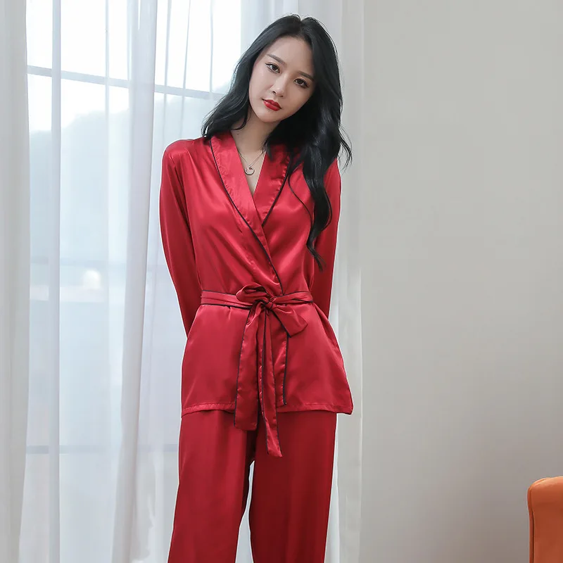 2Pieces Sexy Womens Belt Robes Long Pants Pajamas Sets Fashion Female Satin Nightwear Cardigan Home Clothes Pijamas New
2Pieces Sexy Womens Belt Robes Long Pants Pajamas Sets Fashion Female Satin Nightwear Cardigan Home Clothes Pijamas New