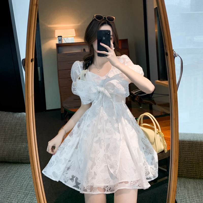 Fashion Elegant Bow White Female Mini Dress Summer Party Birthday Festival Cute Sexy French Romantic butterfly Dress Women
Fashion Elegant Bow White Female Mini Dress Summer Party Birthday Festival Cute Sexy French Romantic butterfly Dress Women