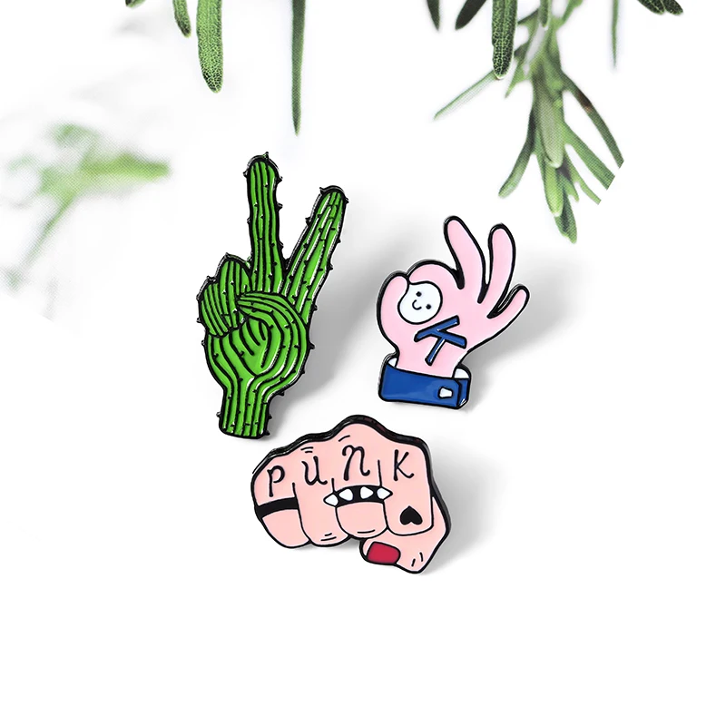 

Punk fist cactus Enamel needle ok gesture cool heart smiley Brooch clothes lapel backpack pin badge jewelry gifts for friends