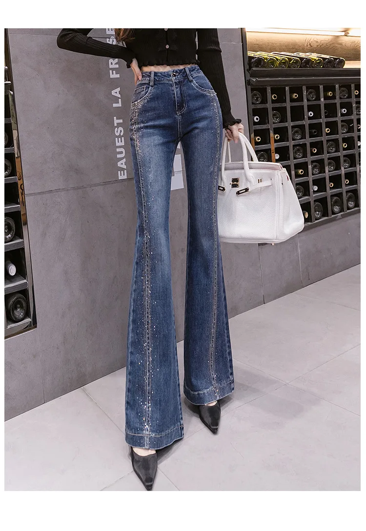 Spring And Autumn New Women's Jeans Hot Diamond High Waist Dark Blue Thin Elastic Horn Women's Pants And Trousers.
Spring And Autumn New Women's Jeans Hot Diamond High Waist Dark Blue Thin Elastic Horn Women's Pants And Trousers.