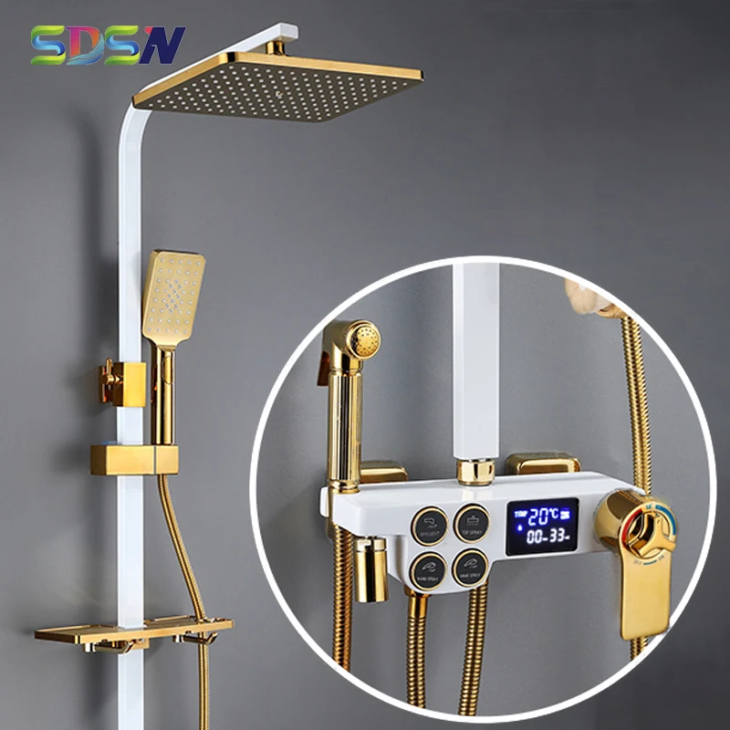 Digital Bathroom Shower Set White Gold Bathroom Faucet Quality ABS Rainfall Shower Head Brass Thermostatic Shower Mixer Set
Digital Bathroom Shower Set White Gold Bathroom Faucet Quality ABS Rainfall Shower Head Brass Thermostatic Shower Mixer Set
