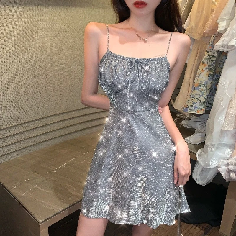 

Sexy Dress for Women 2021summer New French Style Temperament Evening Disco Dancing Sequined Shiny Sling Short Skirt