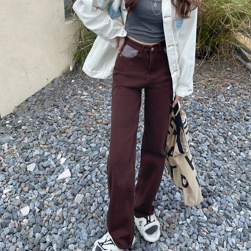 Джинсы женские с завышенной талией, прямые свободные узкие брюки кофейного цвета с контрастными карманами, осень/зима 2021 
Джинсы женские с завышенной талией, прямые свободные узкие брюки кофейного цвета с контрастными карманами, осень/зима 2021