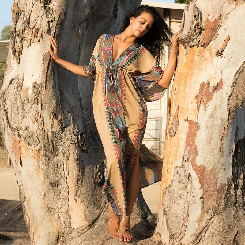 2021 Summer Boho Print Sexy Deep V Neck V Back Beach Women's Beachwear Dresses Resort Long Dresses Beach Cover Up
2021 Summer Boho Print Sexy Deep V Neck V Back Beach Women's Beachwear Dresses Resort Long Dresses Beach Cover Up