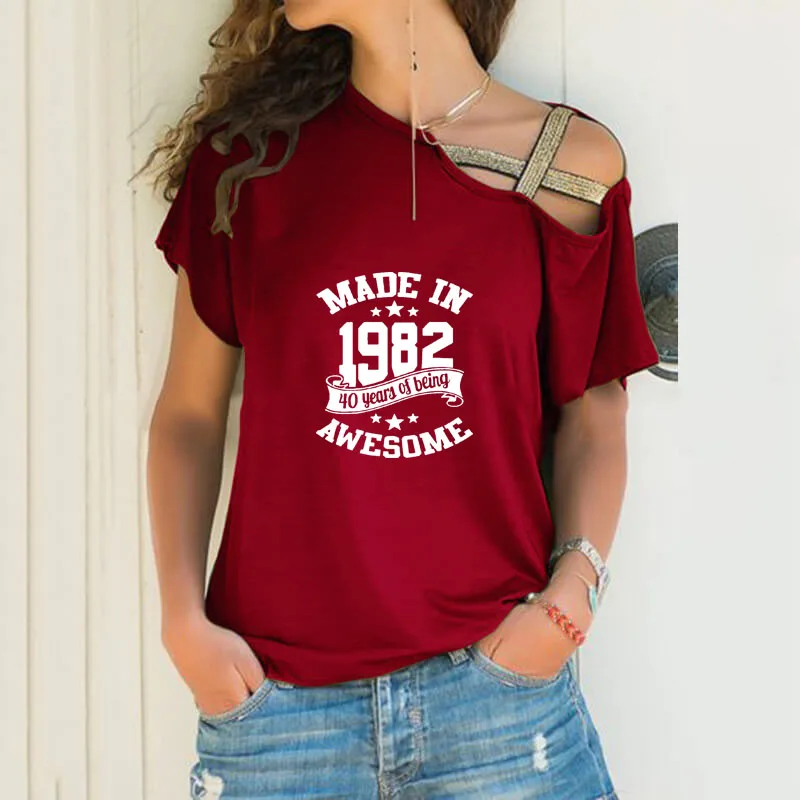 Женская футболка с косым вырезом свободная Асимметричная принтом 40 лет на лето