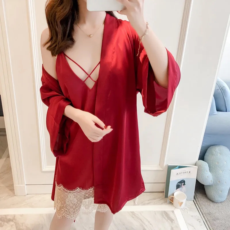 

Spring Summer Female Silk Sexy Lace Suspenders Nightdress Nightgown Ice Silk Bathrobes Home Service Pijama Set Spicy Underwear