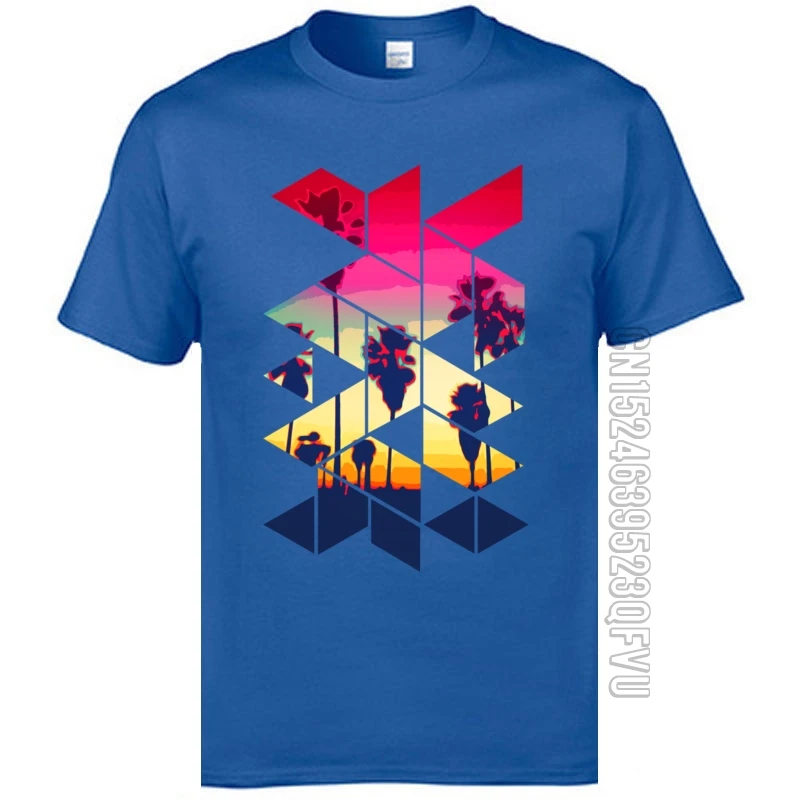 

Top Quality Men's T-Shirts 100% Breathable Cotton California Palm Beach Sunset Geometric Shape Scenic Tshirts Blue Male Tees