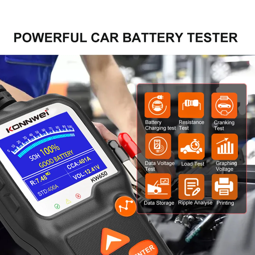 KONNWEI KW650 Car Battery Tester 6-16V Input 100-2000 CCA Automotive Load Diagnosis Tool for Car/Boat/Motorcycle
KONNWEI KW650 Car Battery Tester 6-16V Input 100-2000 CCA Automotive Load Diagnosis Tool for Car/Boat/Motorcycle