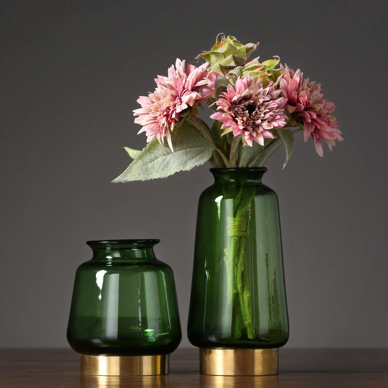 

Креативная медная кольцевая зеленая стеклянная ваза для гостиной, обеденного стола, Цветочная композиция, украшение для стола, мебель для г...