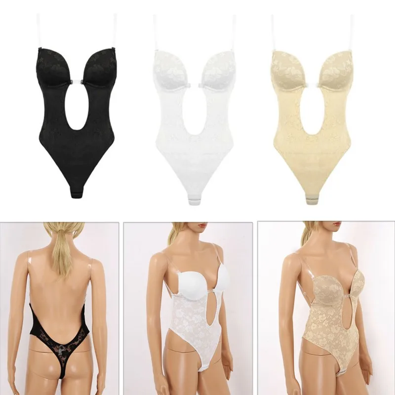 

Lace Bodysuit Shapewear Womens Clear Shoulder Straps Backless U Plunge Thong Body Shaper Underwire Push Up Padded Shaper