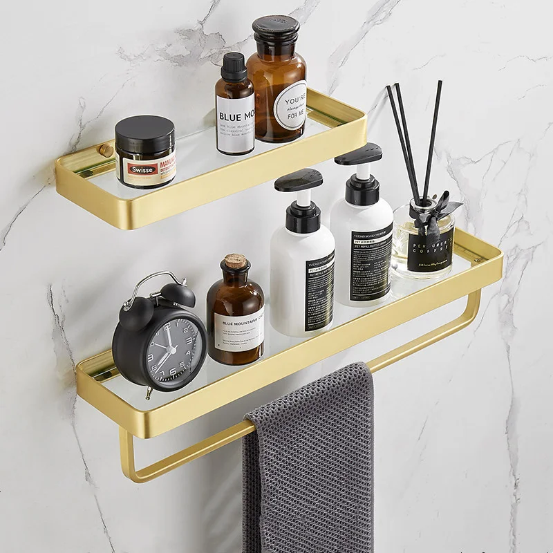 Brushed Gold Aluminum Glass Bathroom Shelf With Towel Bar Shower Gel Rack Shampoo Caddy Holder Wall Mounted Nail Punched
Brushed Gold Aluminum Glass Bathroom Shelf With Towel Bar Shower Gel Rack Shampoo Caddy Holder Wall Mounted Nail Punched