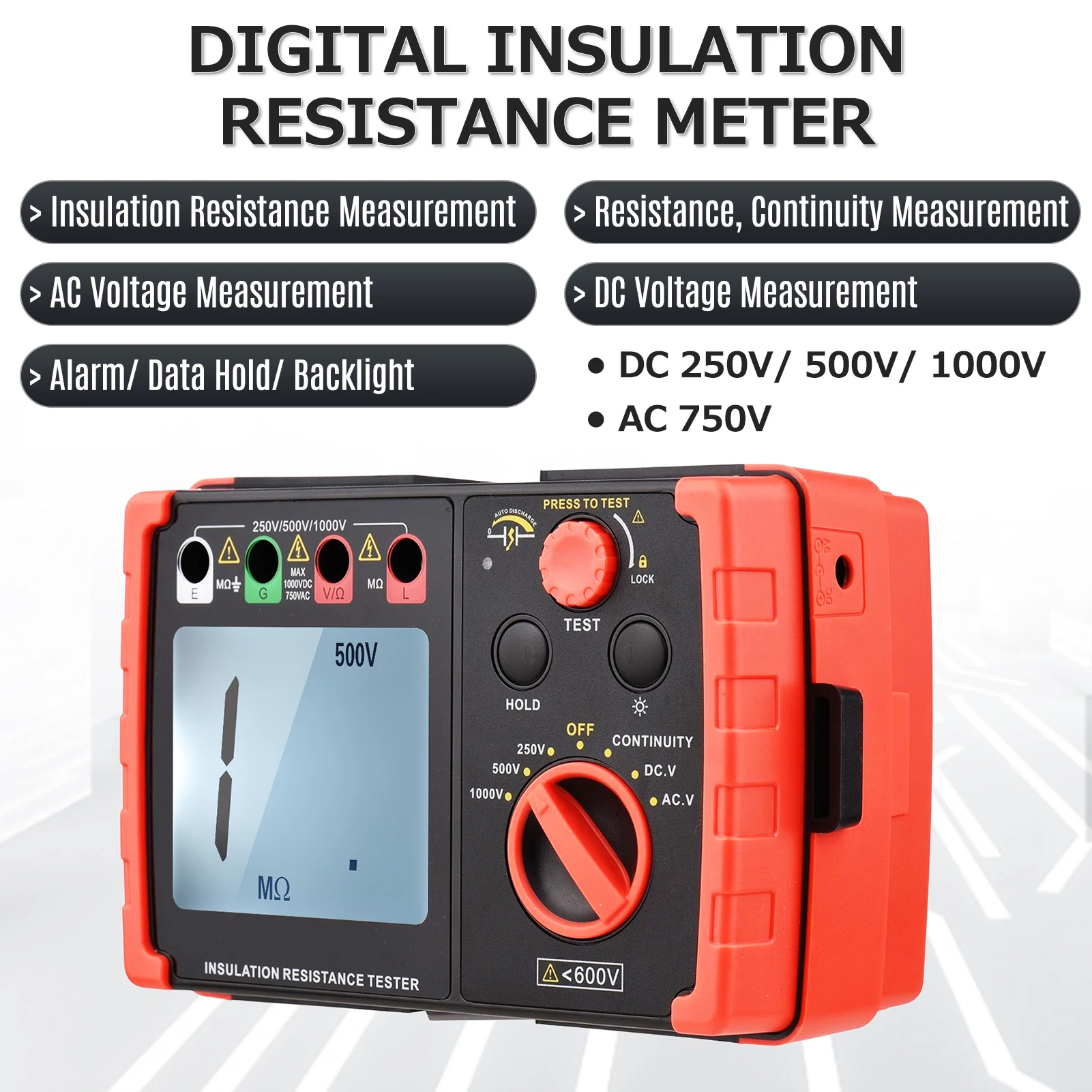 Цифровой тестер сопротивления изоляции с ЖК-подсветкой DC 250V/ 500V/ 1000V AC 750V Многофункциональный измеритель сопротивления изоляции
Цифровой тестер сопротивления изоляции с ЖК-подсветкой DC 250V/ 500V/ 1000V AC 750V Многофункциональный измеритель сопротивления изоляции