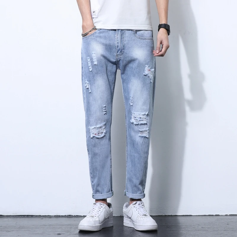 Summer 2021 new jeans with holes men's trendy slim legged Capris casual thin