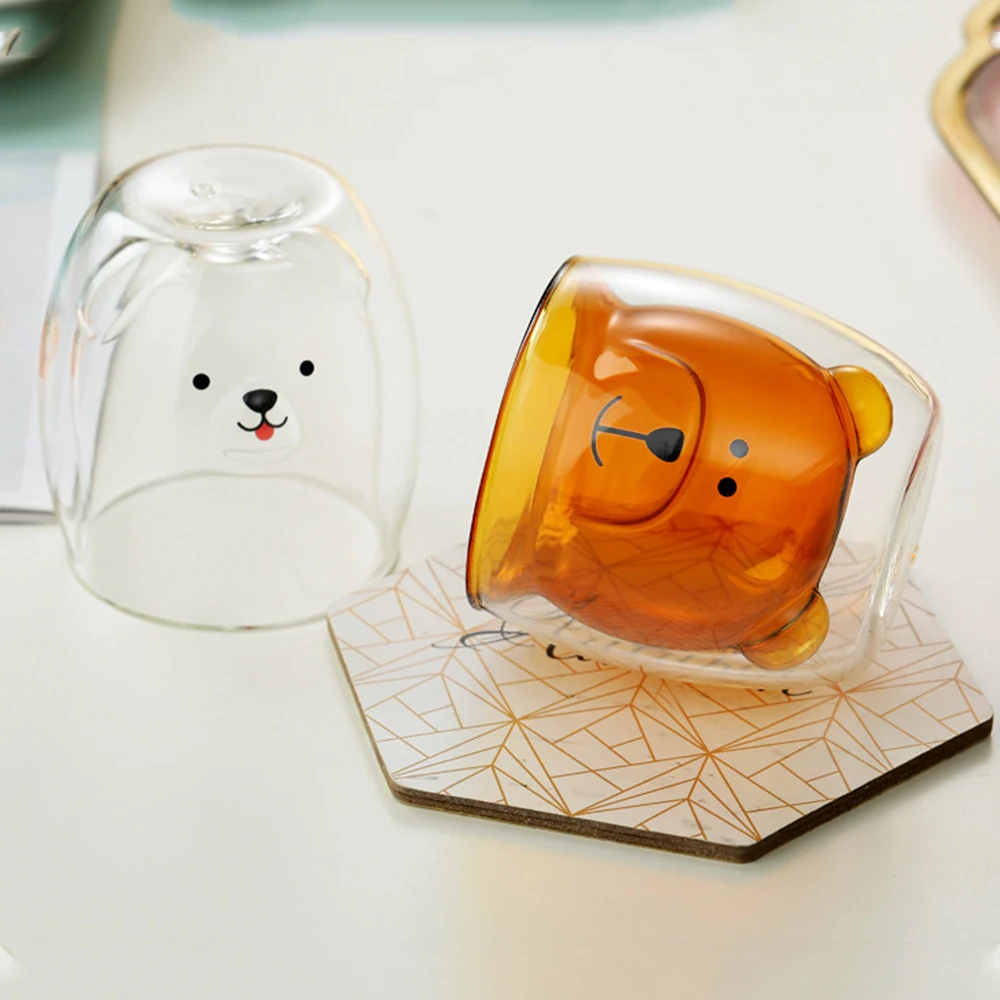 

Cute Bear Shaped Double Wall Glass Mugs Resistant Kungfu Tea Mug Milk Lemon Juice Cup Drinkware Child Lover Coffee Cups Mug Gift